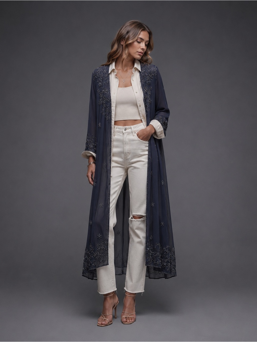 Beaded Sheer Sleeve Duster Cardigan Embellished